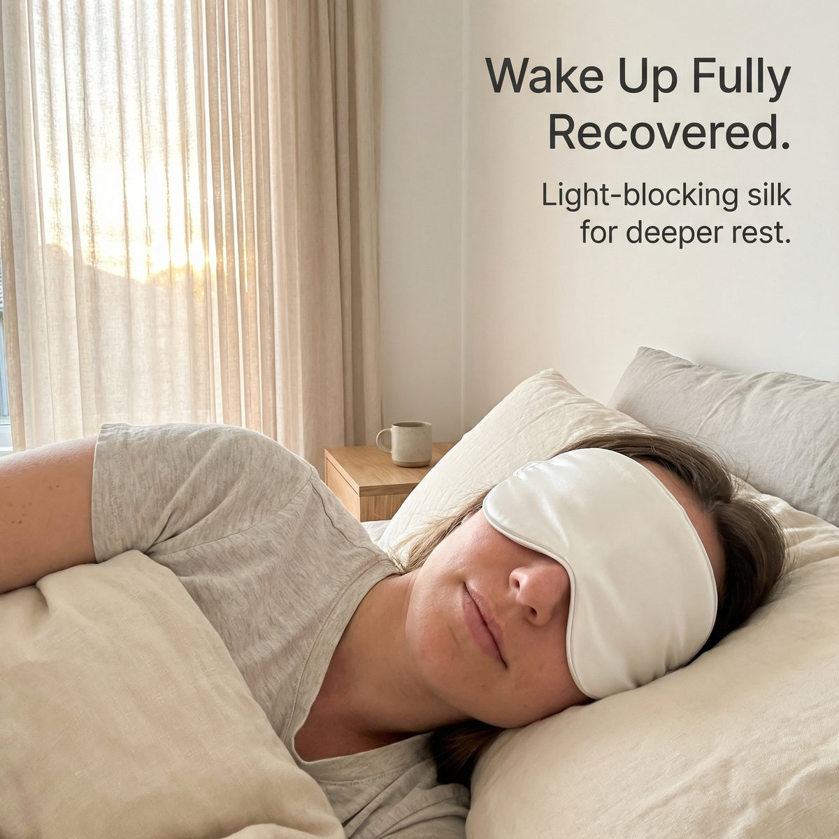 A sleep mask worn while resting in a bright bedroom